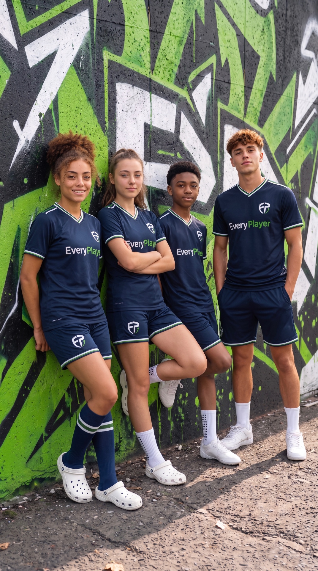 Four young players in EveryPlayer kit against a graffiti wall
